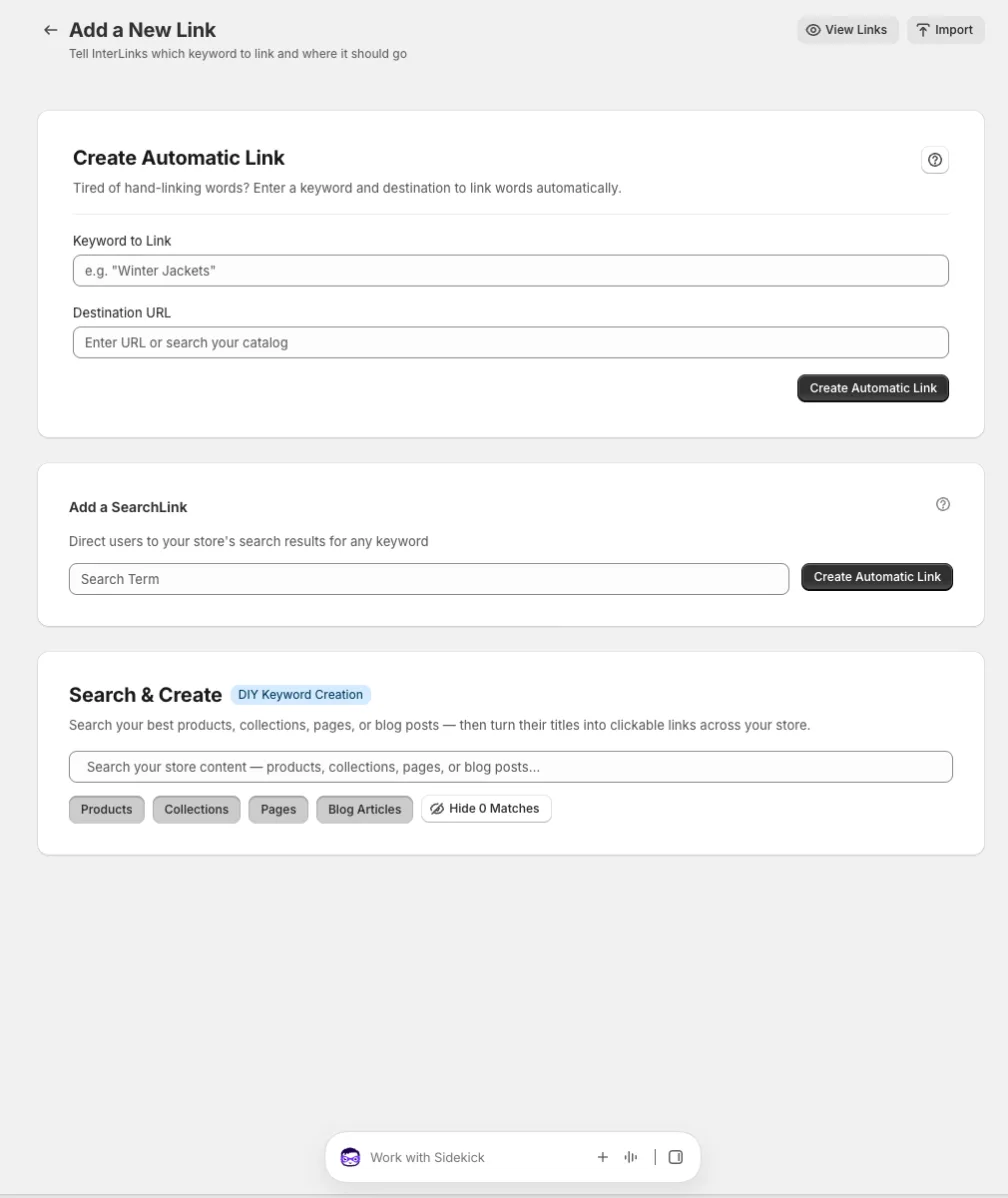 The Create page with Create Automatic Link, Add a SearchLink and Search & Create