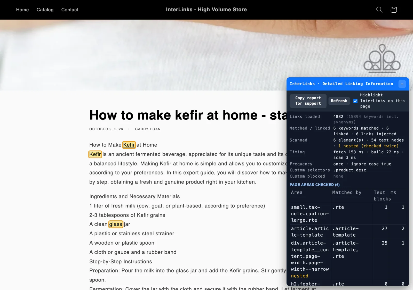 A storefront blog post with linked keywords highlighted and the Detailed Linking Information panel open