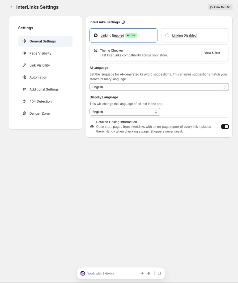 Settings → General with the Detailed Linking Information switch