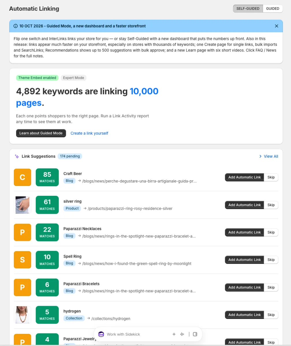 The Expert dashboard with the live keyword and page counts, the suggestions list and the Self-Guided / Guided buttons