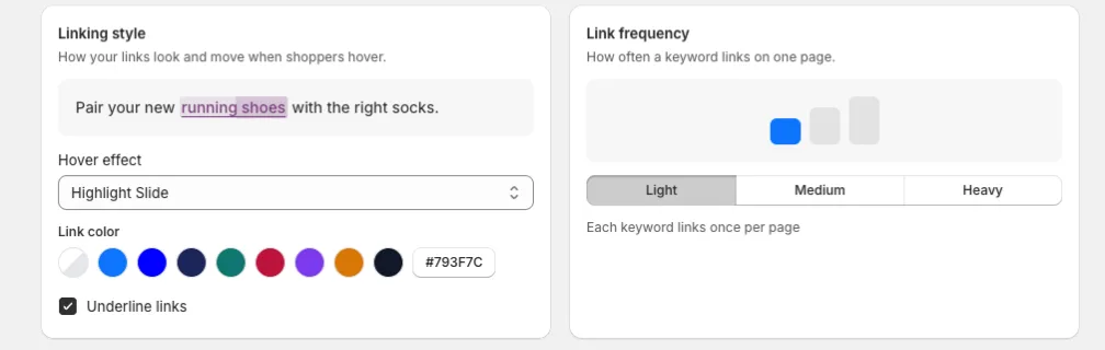 The Guided dashboard Linking style and Link frequency boxes with a live preview