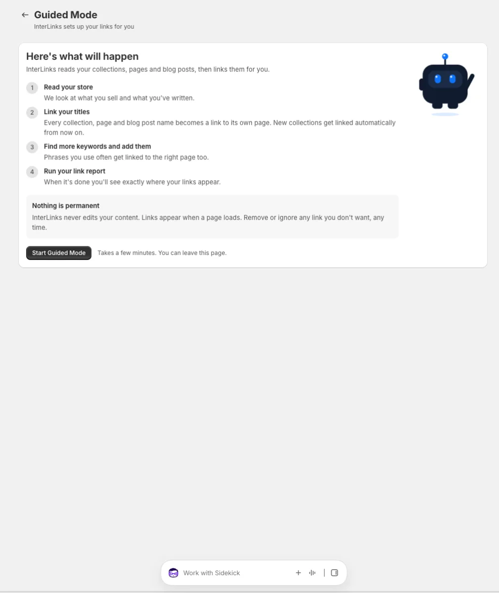 The Guided Mode start page: four plain steps, a reminder that nothing is permanent, and one button