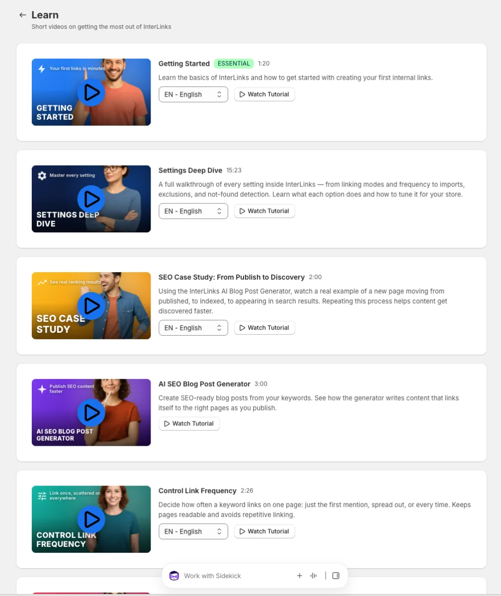 The Learn page with six video cards