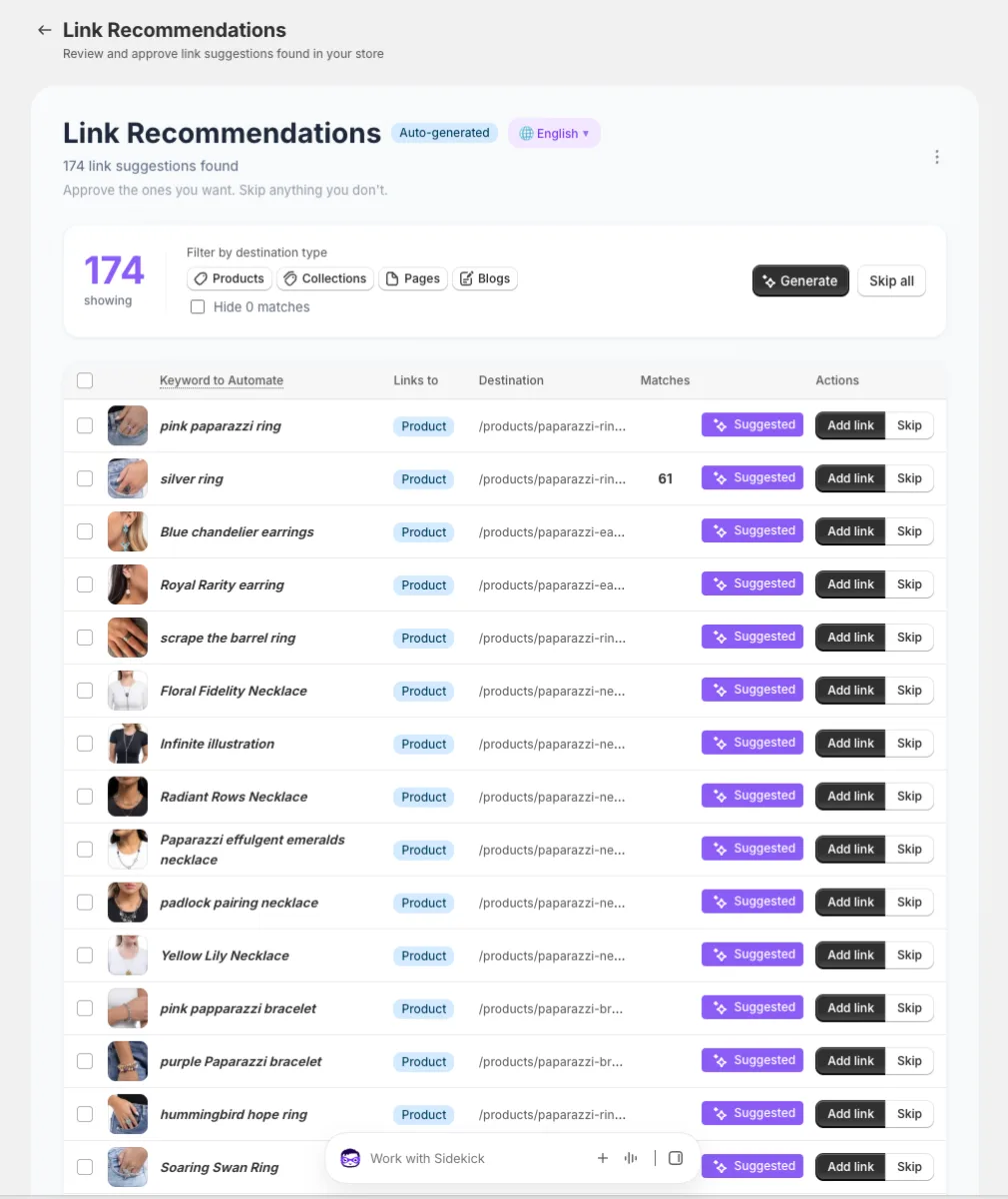 The Recommendations page showing 174 suggestions with checkboxes, Add link and Skip on every row